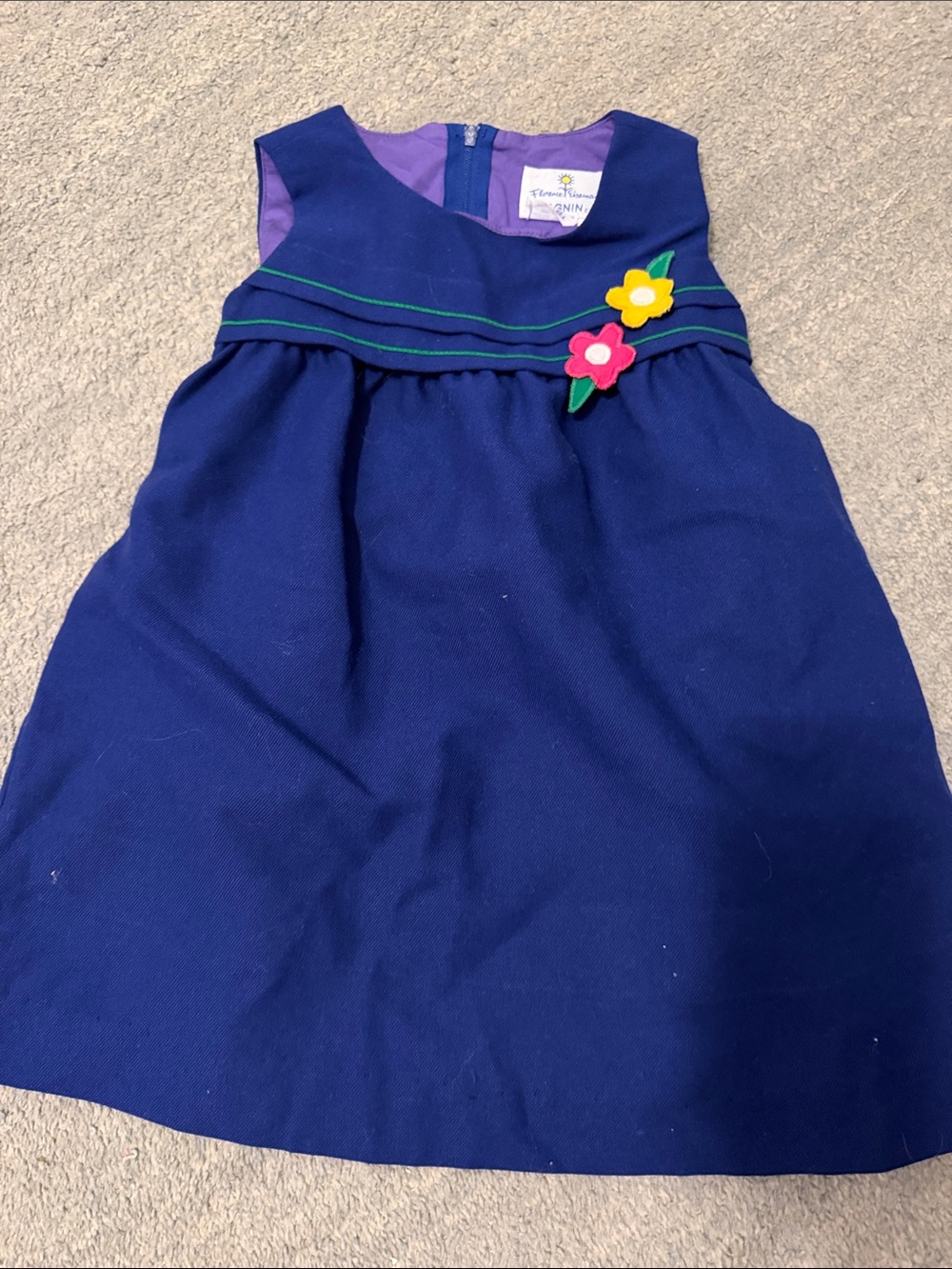 Florence Eiseman Navy corduroy Dress with Pink and Yellow Flower Appliqués